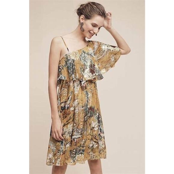 Hemant and Nandita Yellow Silk Metallic One Shoulder Mini Dress Size M - Picture 2 of 8